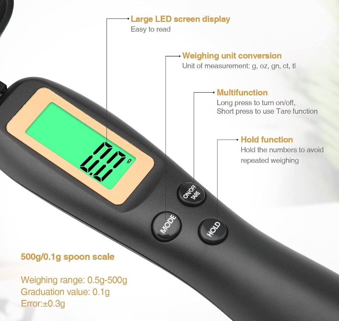 디지털 계량 스푼 저울 (500g/0.1g), LED 용기 무게 제외 기능, 탈착식, 블랙 5