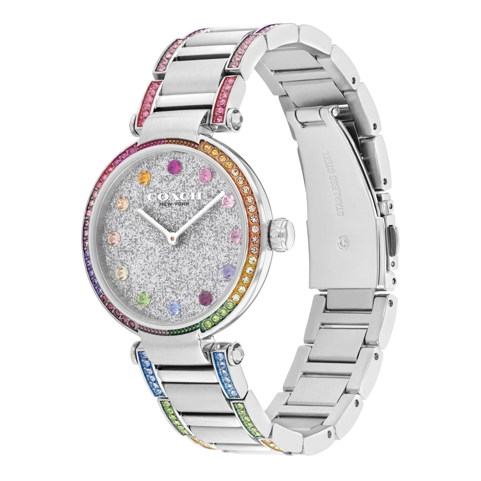 Orologio COACH Cary Arcobaleno Cristallo Accenti Bracciale Acciaio Inox 34mm Nuovo con scatola!