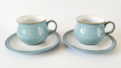 Denby Kolonialblau Teetassen und Untertassen x 2