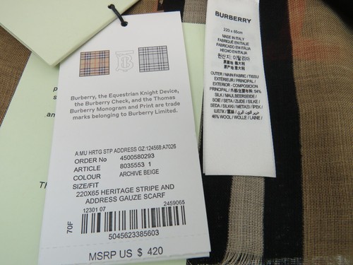 BURBERRY HERITAGE STRIPE ADDRESS GAUZE BEIGE CHECK LIGHTWEIGHT SCARF 220X65 CM - 第 11/12 張圖片