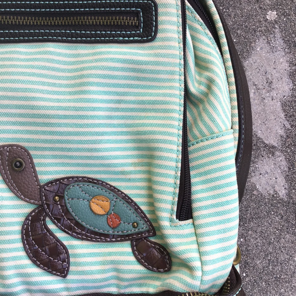 Chala Sea Turtle Convertable Backpack Purse Green Stripe Canvas Leather STAINED - Image 4 of 4