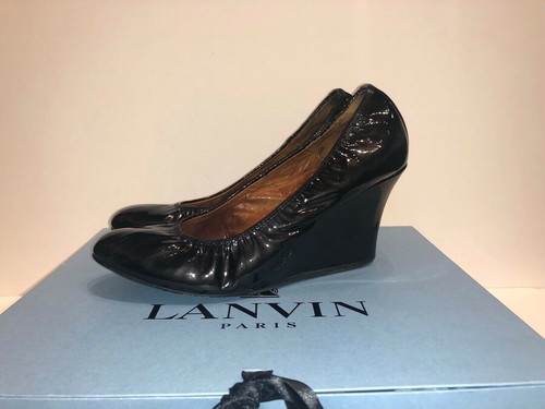 LANVIN Black Patent Leather Compense Ballerina Wedges FR 38 - Picture 4 of 11