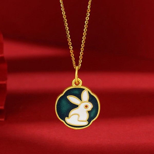 Alternate view of Vintage 18kgp Burn Blue Paint Jade Hare Shaped Pendant Necklace