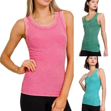 Women's Stretchy Acid Washed Fabric Ribbed Scoop Neck Tank Top Back Patch