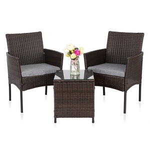 3 Pcs Rattan Wicker Set Chairs Dining Table Set Cushion Outdoor