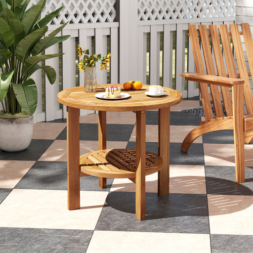 Outdoor Teak Wood round Side Table Patio End Table with Slatted Storage Shelf