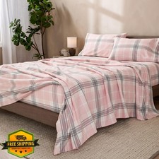 Bare Home Queen Flannel Sheet Set Aurora Plaid Pink Deep Pocket