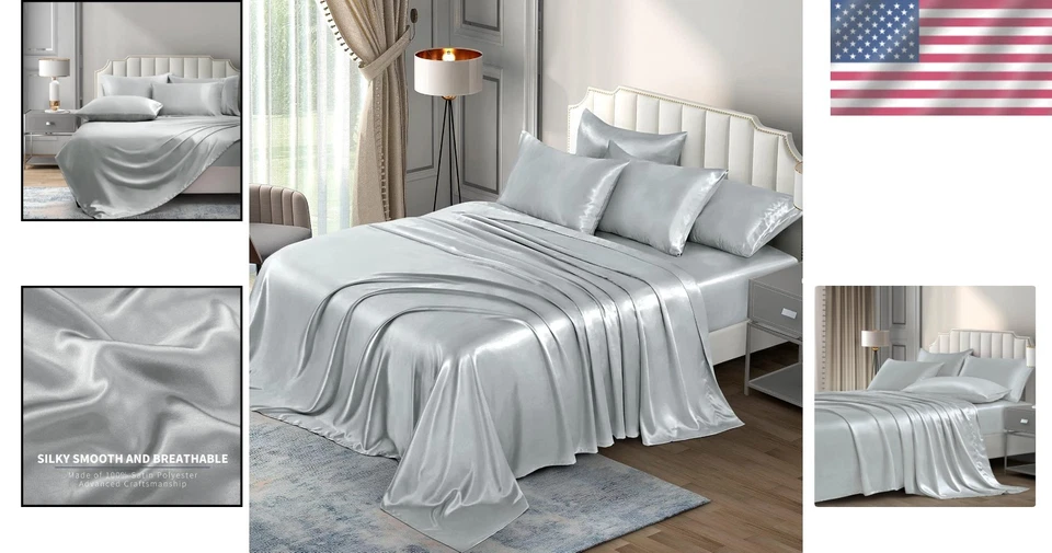 Soft Silver Grey Satin Sheets King Set - 6 Pieces, Wrinkle Resistant & Stylish - Image 2 of 4