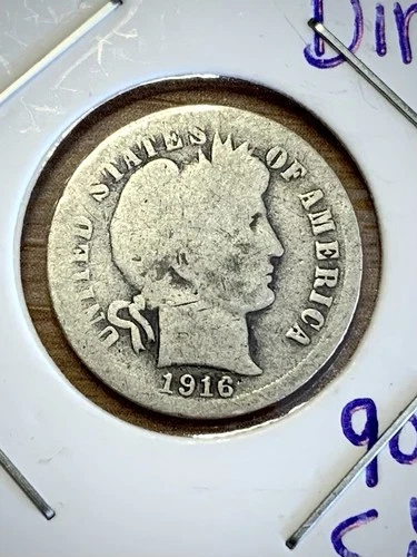 1916-P Barber Dime 90% Silver Good Circulated Wreath Details Sleeved
