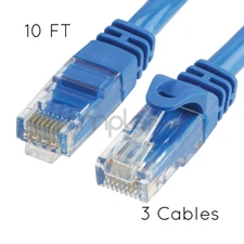 3x 10FT CAT6 Cable Ethernet Lan Network CAT 6 RJ45 Patch Cord Internet Blue NEW