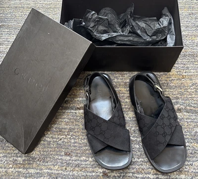 GUCCI Mens Black Canvas Sandals With Leather Strap and Buckle UK8 EU42.5 - Image 1 of 4