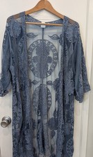 Nwot Lace Kimono Cardigan Swim Cover Up Blue Womens L/XL Relaxed Flowy Longline