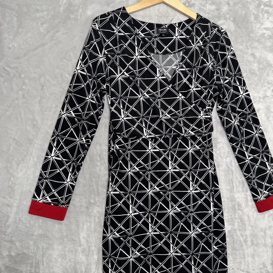 Nicole Miller 连衣裙女式 10 黑色白色几何图案长袖红色装饰 — 第 2/4 张图片