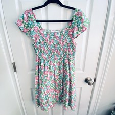 Floral Smocked Dress Womens Small Green Pink Flutter Sleeve Square Neck babydoll