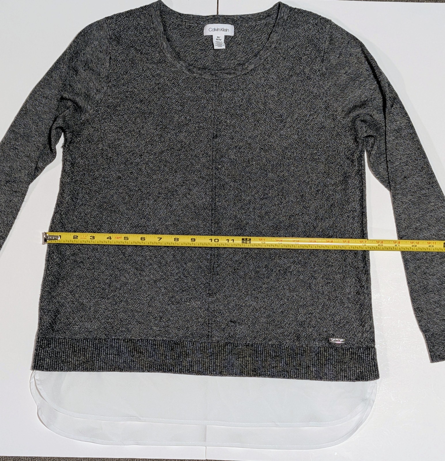 Calvin Klein Gray Knit Sweater With Sheer Bottom Women's M Crew Neck Long Sleeve thumbnail 7