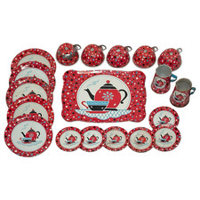 VINTAGE OHIO ART TIN LITHO CHILD'S TEA SET 19 pc RED TEAPOT