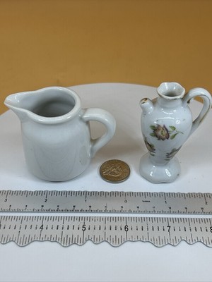Lot 2 Miniature Ceramic Pitchers Creamer Vase Floral Gold Trim Japan and Italy.