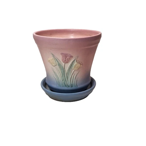 Vintage Hull Pottery Tulip Planter w Saucer Pink Blue Ceramic Flower Pot USA