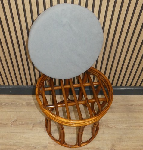 vintage Hocker Bugholz Bambus rund abnehmbares Kissen grau 80er Jahre boho retro - Bild 4 von 9