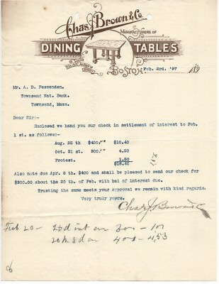 1897 CHARLES BROWN CO DINING TABLES ALBANY ST BOSTON MA TOWNSEND LETTERHEAD