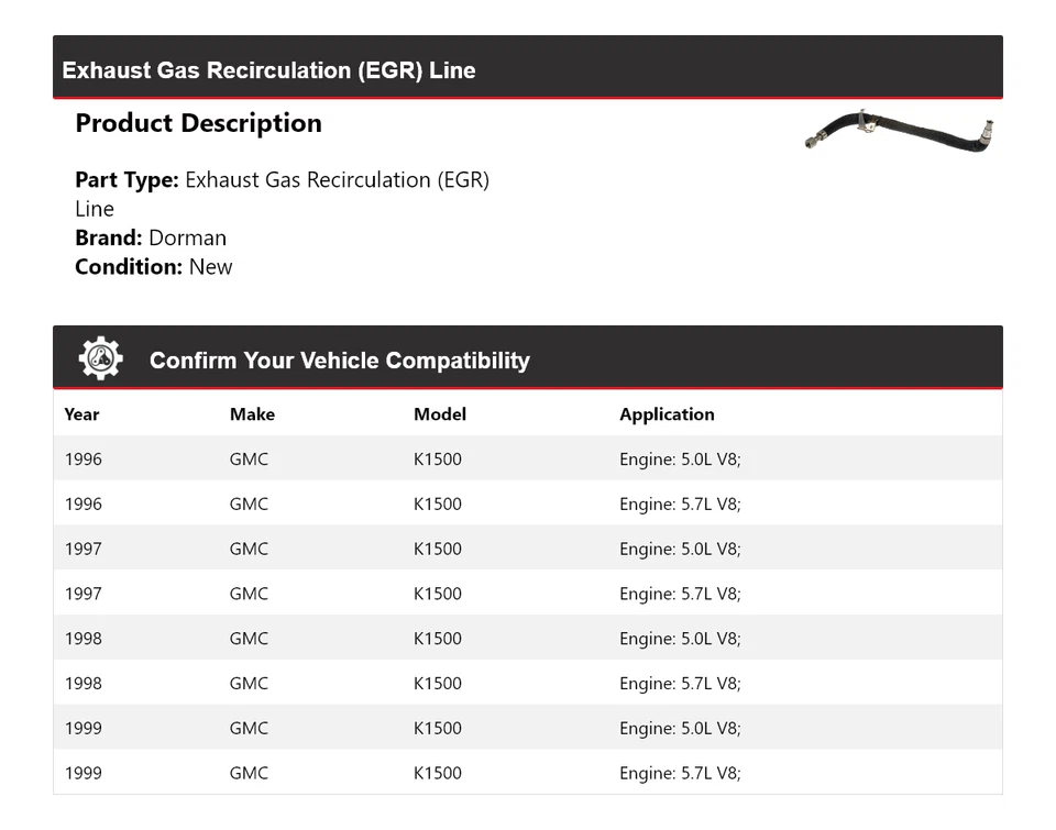Para 1996-1999 GMC K1500 Dorman linha de recirculação de gases de escape (EGR) 1997 1998 - Imagem 2 de 4
