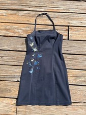 Express World Brand Vintage Butterfly Navy Y2K Floral Embroidered Halter Dress