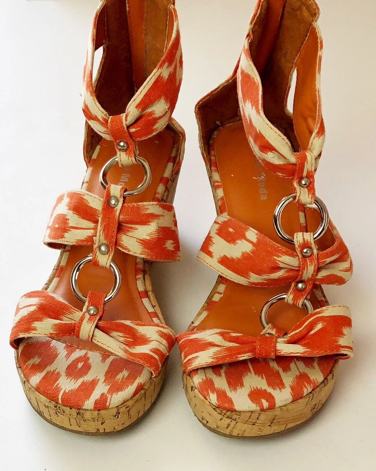 Top Moda Wedge Sandals Sz 6 Orange White Ankle High Zip 2.5" Cork Heel Straps - Image 3 of 4