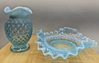 VTG Fenton Blue Opalescent Hobnail Ruffled Small Bud Vase & Candy Dish Lot of 2