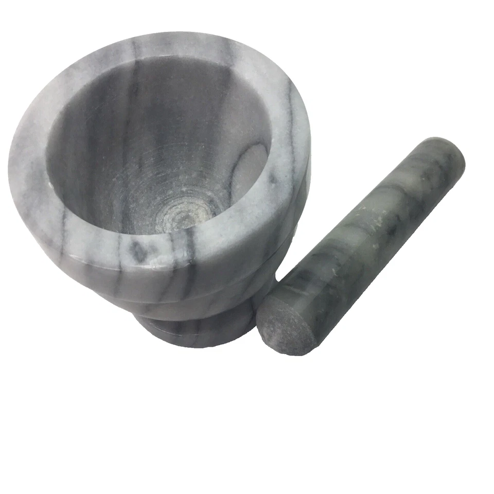 Mortero y mortero de piedra de mármol gris pesado blanco vintage 4”Tx4”W Foto 2 de 4