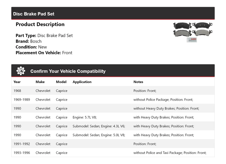 Pastillas de freno delanteras semimetálicas de servicio severo Chevrolet Caprice Bosch 1968-1996 Foto 2 de 3