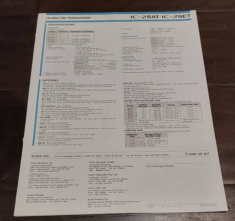 Vtg ICOM IC-2SAT/IC-2SET MHz FM Transceiver Brochure - Image 2 of 2