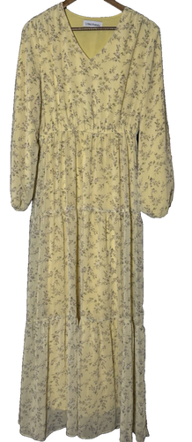 Fairy Cottagecore Urban Modesty XL Sheer Yellow Dainty Floral Tiered Maxi Dress