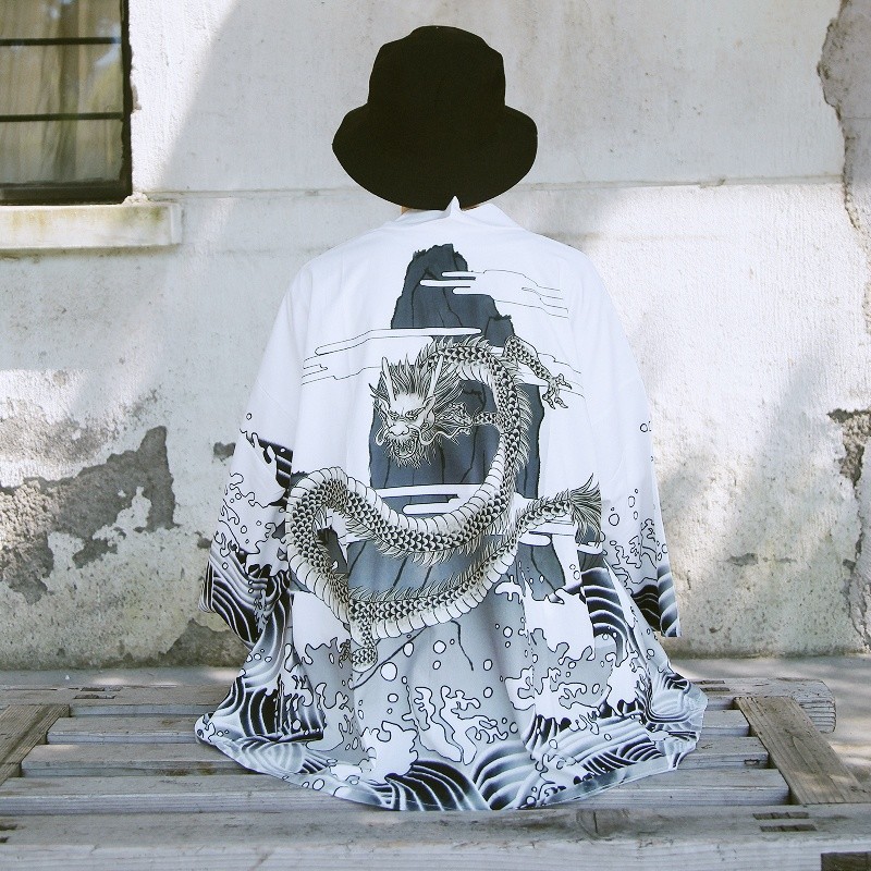 ALTRA Cappotto Yukata Kimono Uomo Giapponese Retro Top Sciolto Drago Bianco Nero Baggy