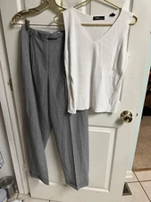 Valerie Stevens Gray Pants Pleated High Waisted White Sleeveless Sweater Med 6