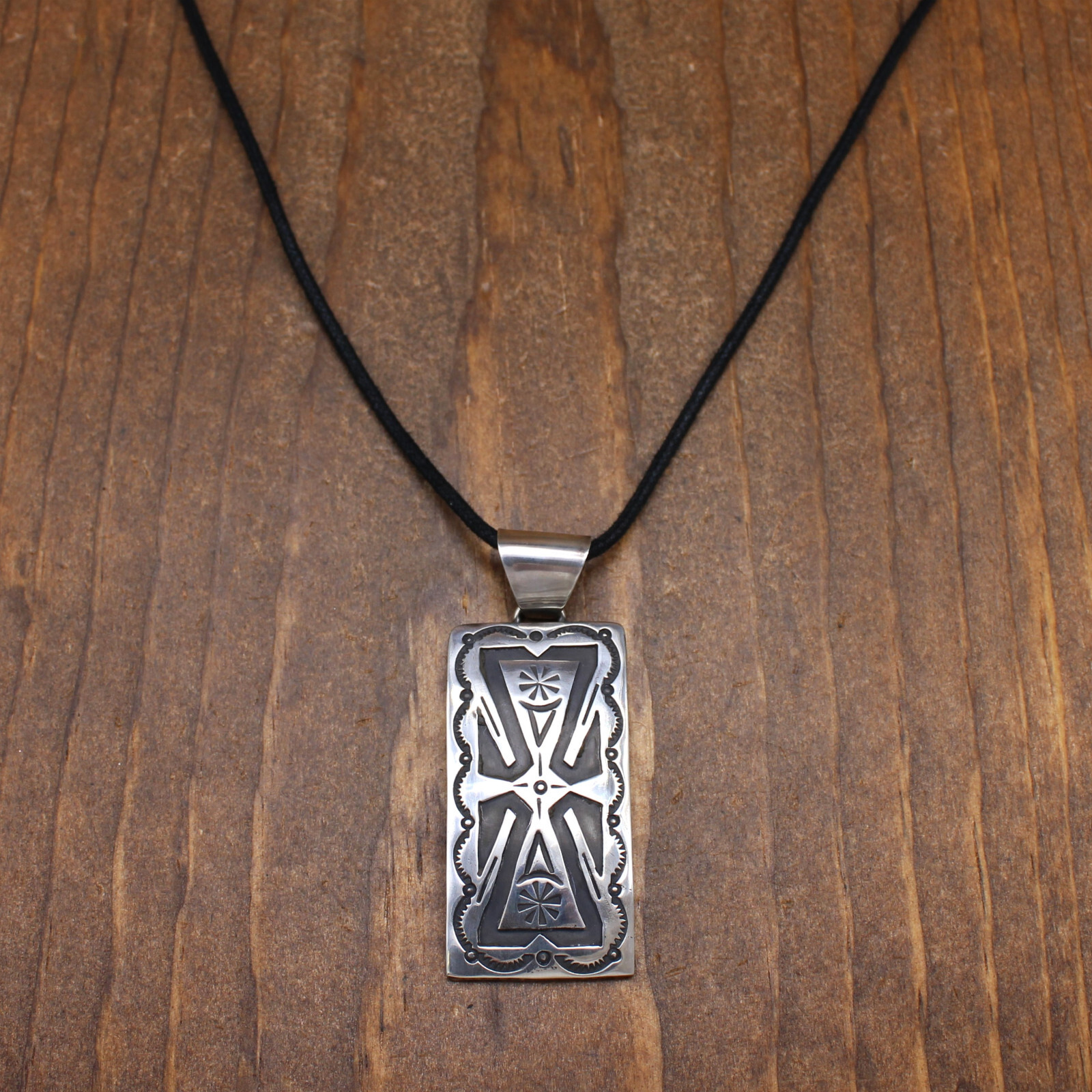 Sterling Silver Rectangular Pendant on Black Cord… - image 1