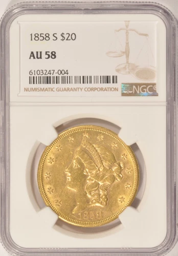 1858-S $20 Liberty Gold Double Eagle Liberty Coin NGC AU58 Type 1 Pre-1933 Gold