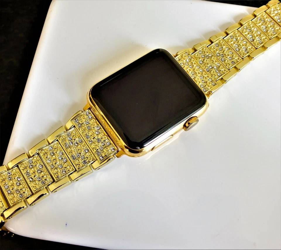 24ct Gold Plated 42MM Apple Watch Smart Gold Links Band Diamond Rhinestones 24K, photo 2 of 5