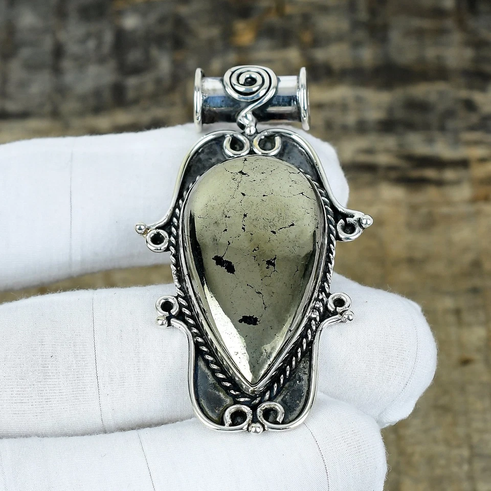 Naturale Pirite Gemma Ciondolo 925 Argento Sterling Fatto a Mano Gioielli Pasqua - Immagine 2 di 4
