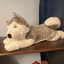 Aurora Gray White Husky Plush Stuffed Animal Laying Down Large 24-36 in