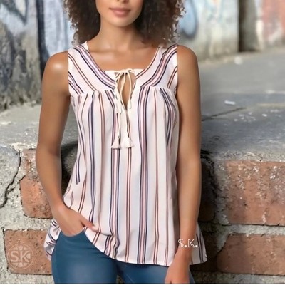 Seven7 Womens Large Sleeveless Tasseled Beachy Cotton Top White Red Blue Striped