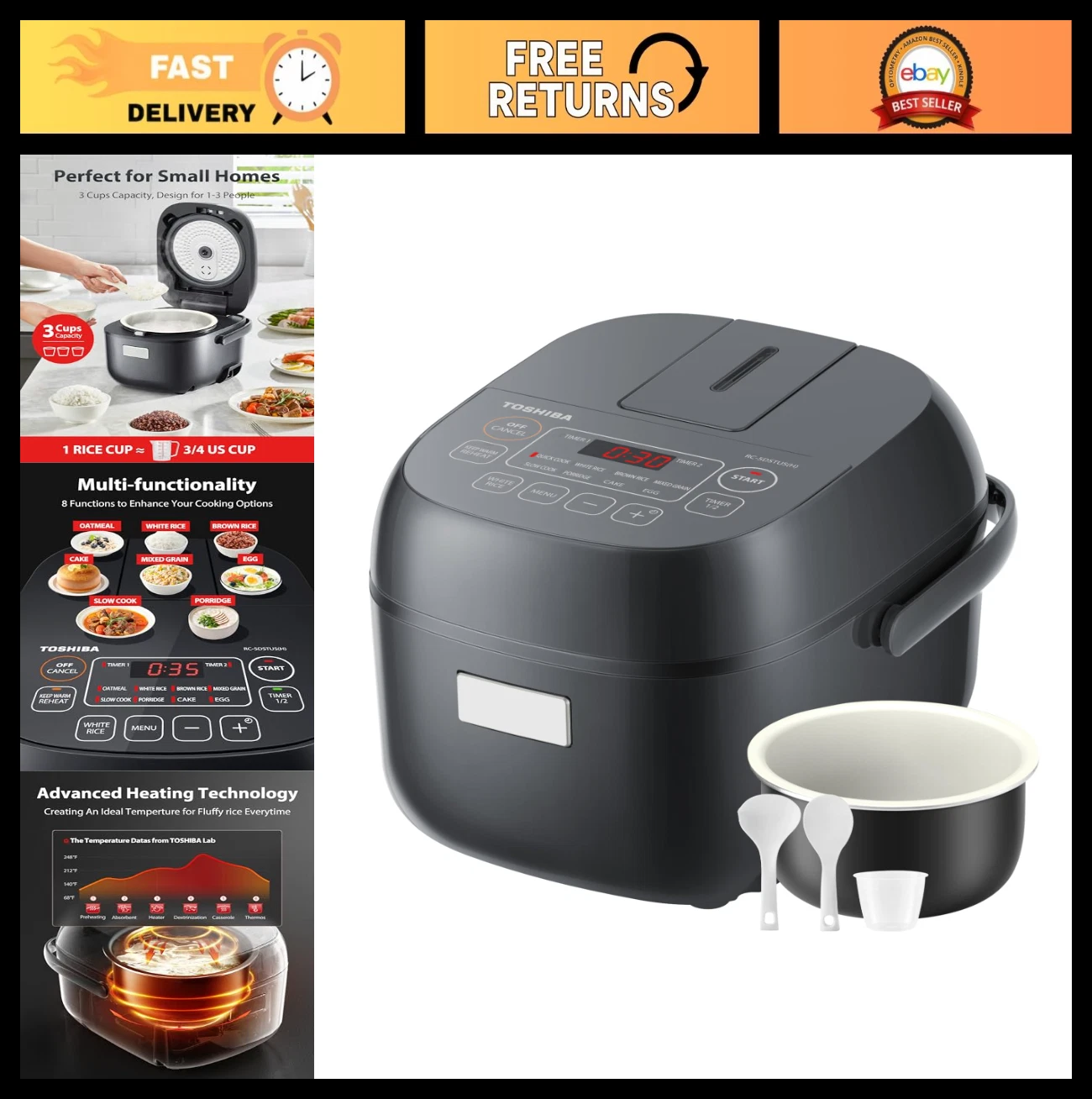 3-Cup Rice Cooker with LCD Display, 8 Cooking Functions, Non-Stick Pot, Grey