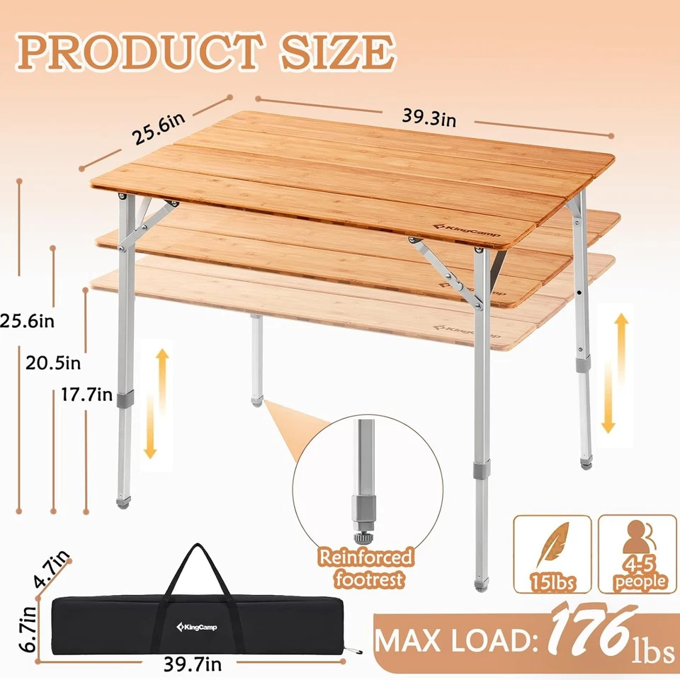 Mesa de Camping KingCamp Bambú Mesa Plegable con Altura Ajustable Patas de Aluminio Foto 3 de 4