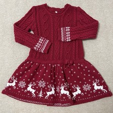 Girls 4 5Y Red Knit Sweater Dress Reindeer Snowflake Christmas Holiday Outfit