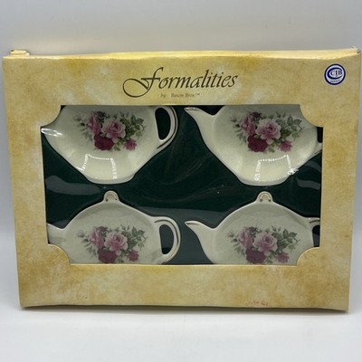 Baum Bros Formalities Tea Bag Caddies 4 Pc Set Roses Pink Floral Teapot Tidy