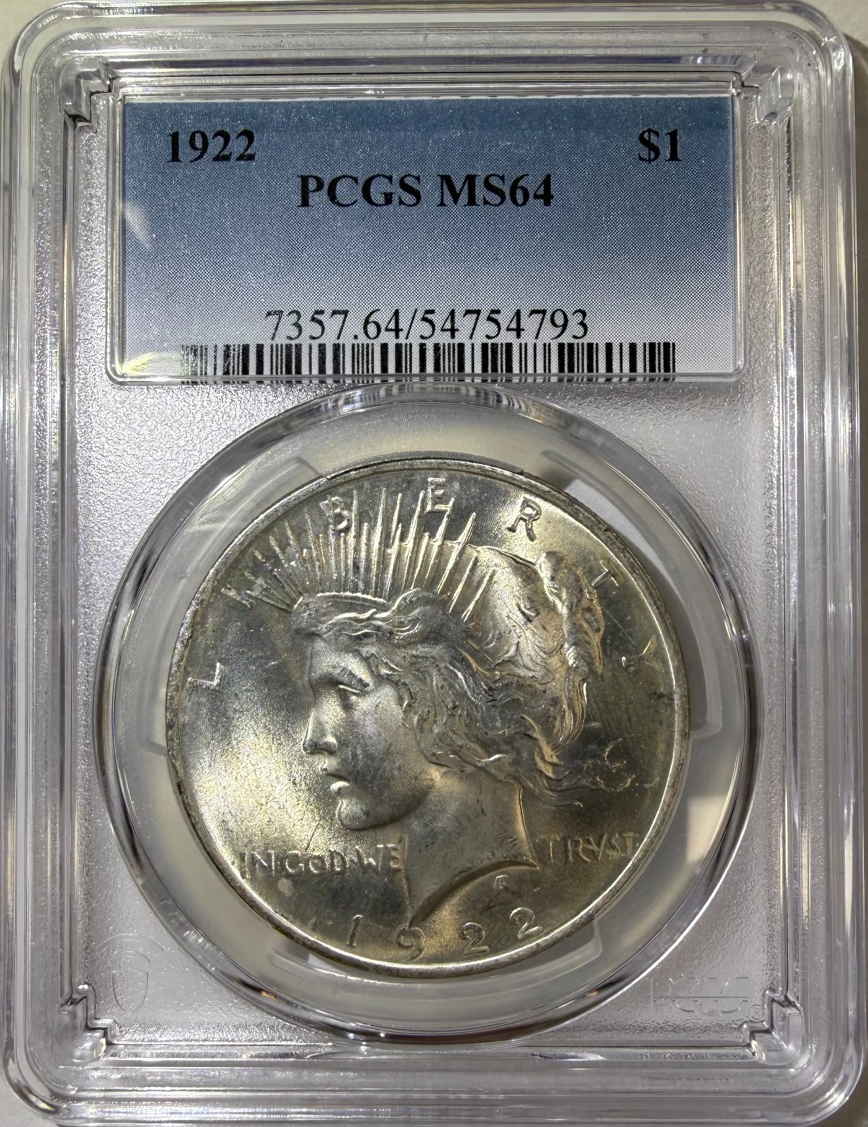 1922 $1 Peace Silver Dollar PCGS MS64 (793)