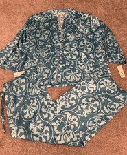 Natori Pajama Set Womens Large Blue Floral Harmony Satin 2pc Sleepwear NEW 84