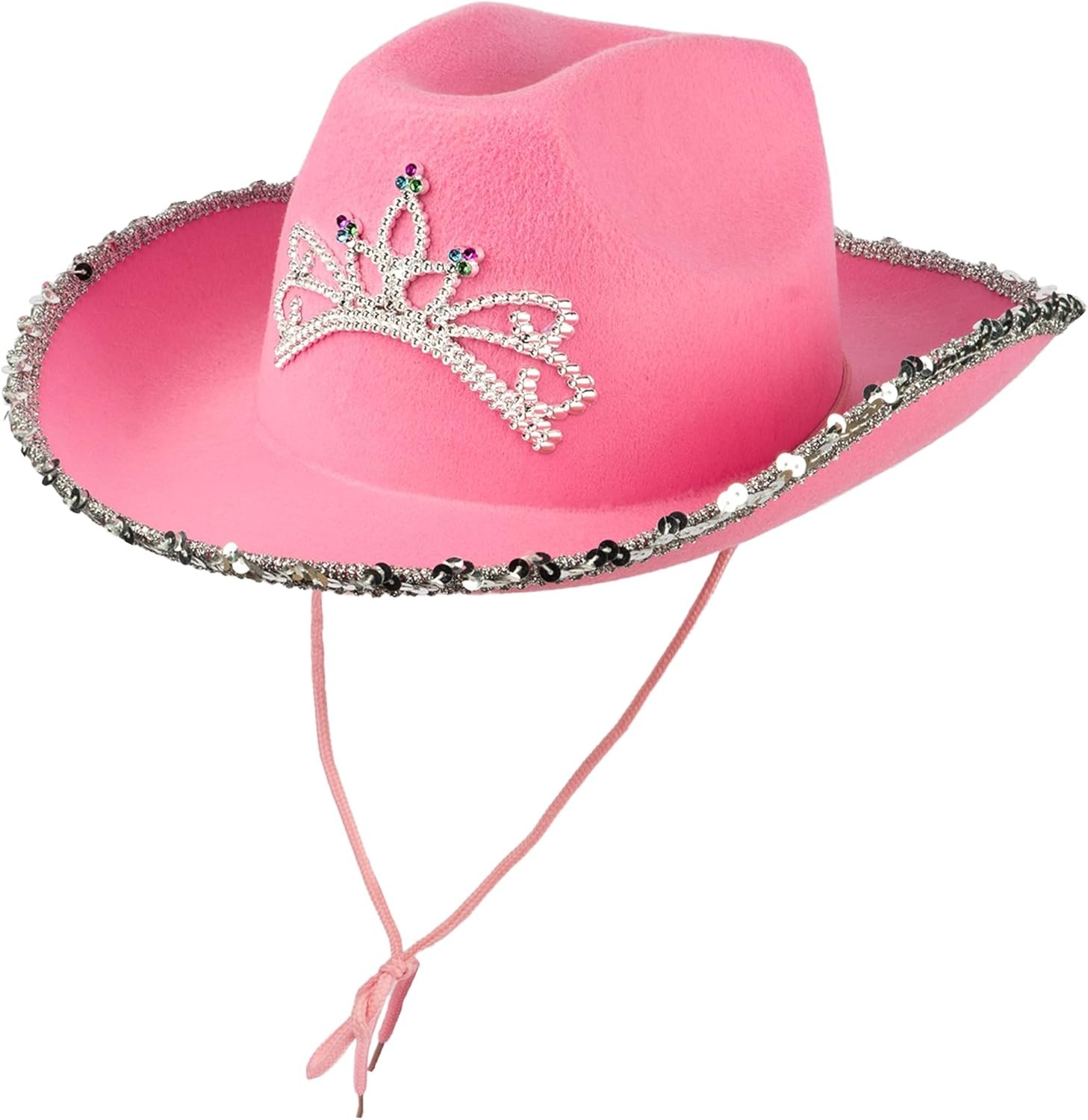 Pink Cowgirl Hat with Silver Tiara & Glitter Confetti Trim - Wide Brim, Girl's