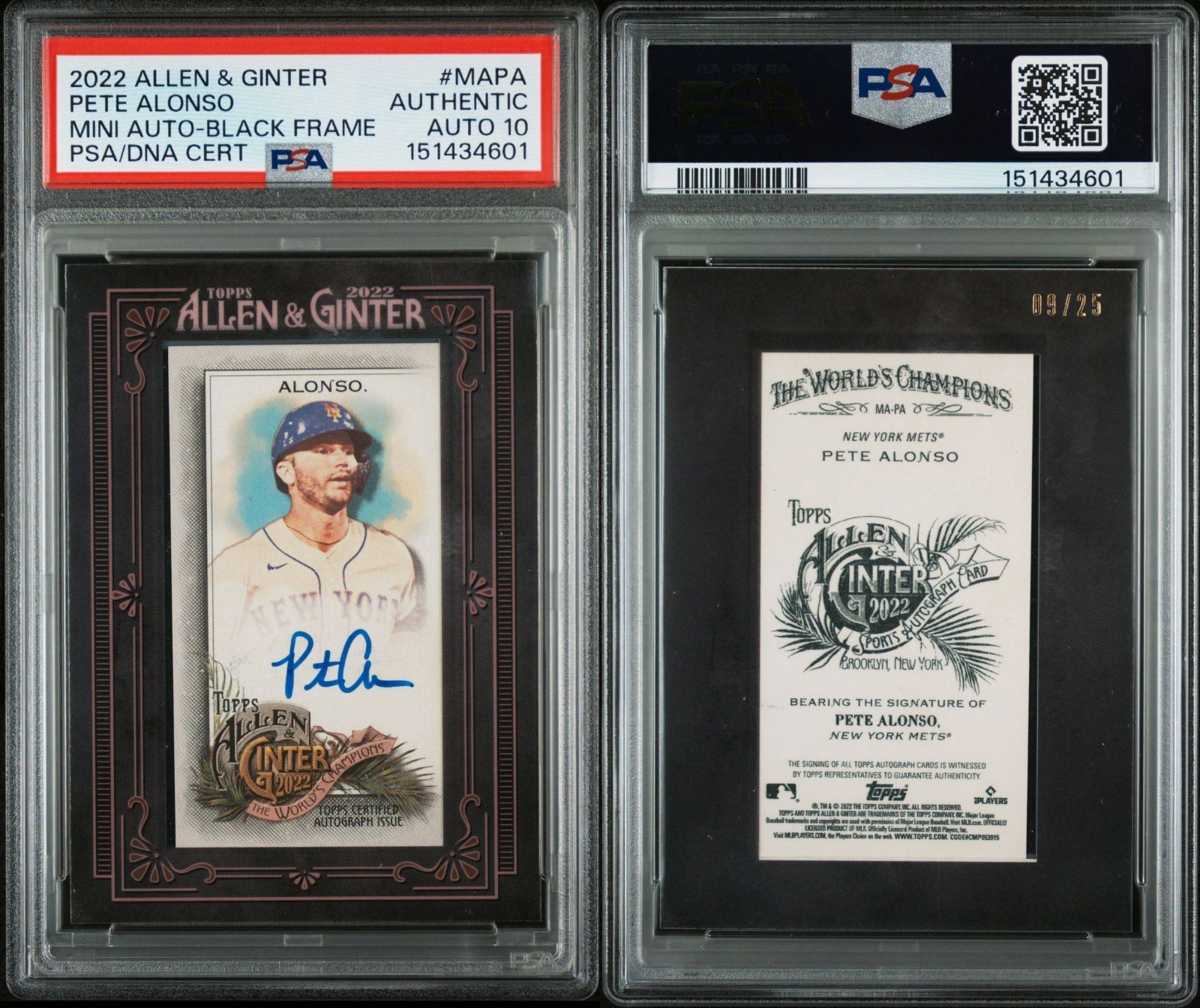 💥22 Allen & Ginter Mini Autograph Pete Alonso SSP BLACK /25 Pop 1 PSA 10 Auto💥 view 2