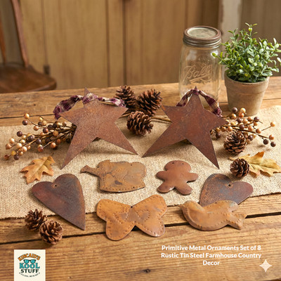 Primitive Metal Ornaments Set of 8 Rustic Tin Steel Farmhouse Country Decor