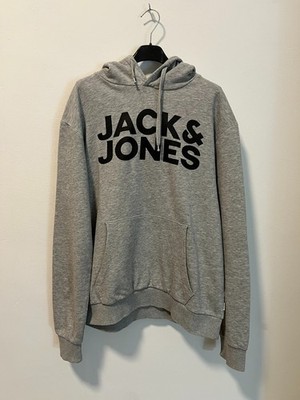 Jack & Jones Mens Grey Hooded Pullover Hoodie Sweatshirt Cotton Size Large